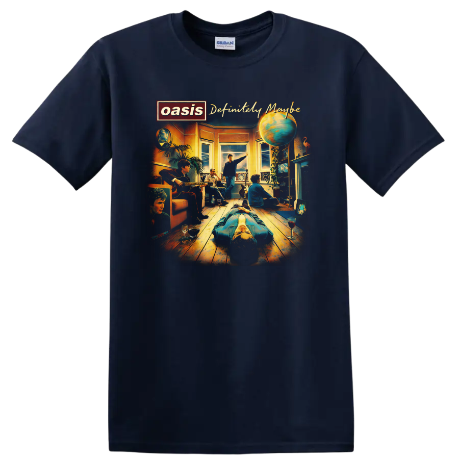 Oasis Definitely Maybe album cover illustration with band room scene and globe on a Navy (Blue) T Shirt
