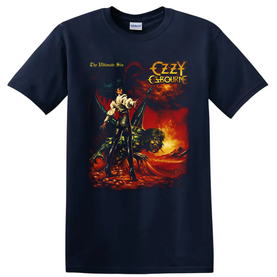 Ozzy Osbourne The Ultimate Sin gothic demon artwork with fiery vintage rock imagery on a Navy (Blue) T Shirt