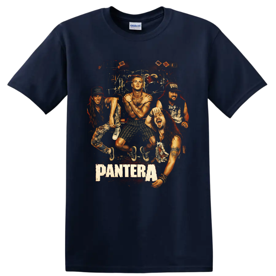 Illustrated Pantera band portrait with drums, concert lights, and Pantera text on a Navy (Blue) T Shirt