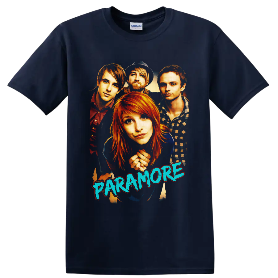 Paramore band portrait with Hayley Williams, Taylor York, Zac Farro, and blue lettering on a Navy (Blue) T Shirt