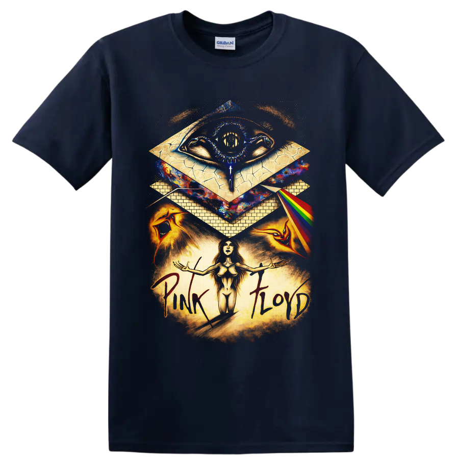 Pink Floyd-inspired psychedelic prism eye, rainbow beam, and surreal cosmic rock collage on a Navy (Blue) T Shirt