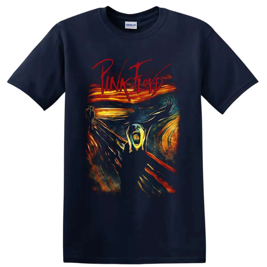 Pink Floyd The Wall-inspired screaming figure in surreal psychedelic rock art on a Navy (Blue) T Shirt
