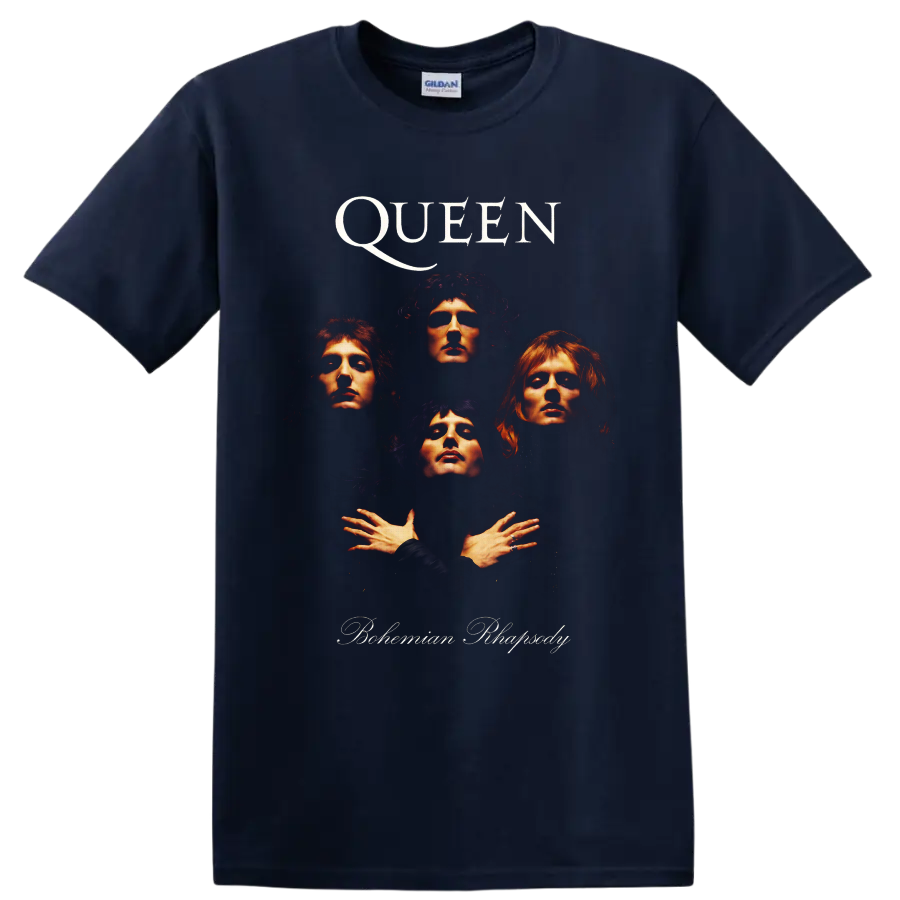 Queen Bohemian Rhapsody four-member portrait graphic with dramatic rock lighting on a Navy (Blue) T Shirt