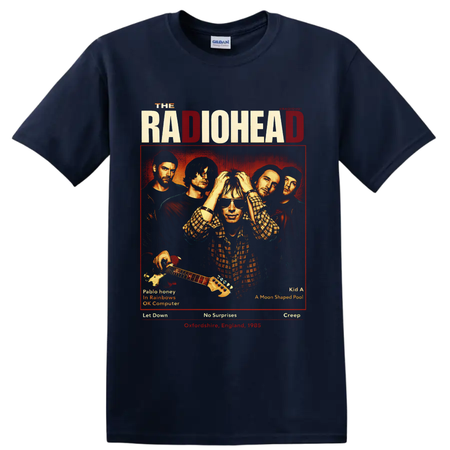 Radiohead band portrait poster with Thom Yorke, guitar, distressed lettering, and song on a Navy (Blue) T Shirt