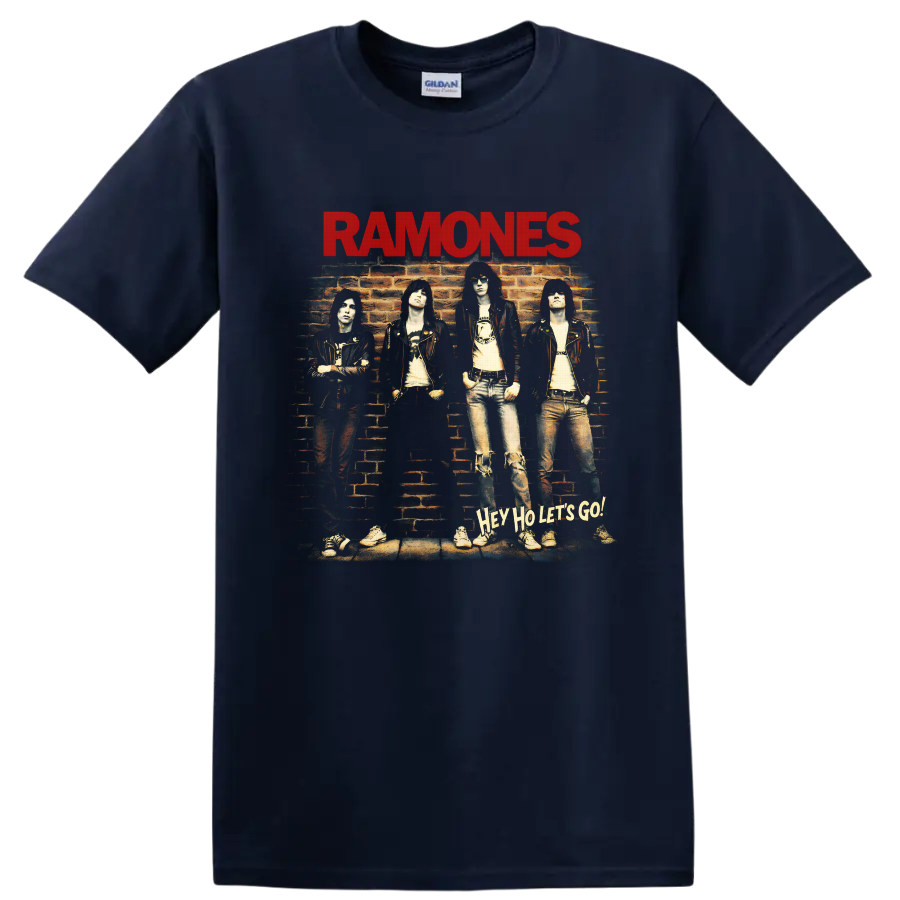 Ramones punk rock brick wall band portrait with red logo and Hey Ho Let’s Go text on a Navy (Blue) T Shirt