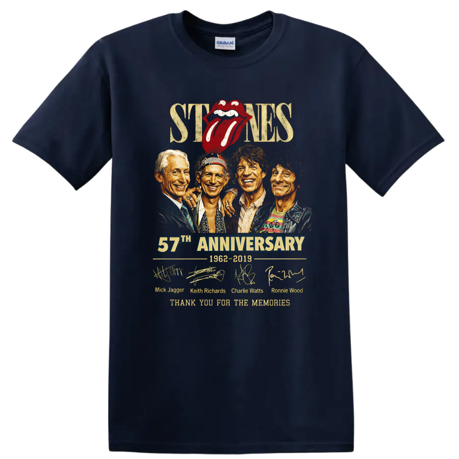 Rolling Stones anniversary portraits with red tongue logo, signatures, and 1962-2019 text on a Navy (Blue) T Shirt