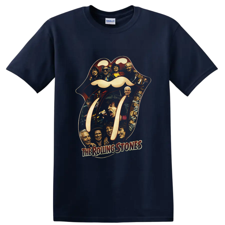 Rolling Stones tongue-and-lips logo collage with vintage band portraits on a Navy (Blue) T Shirt