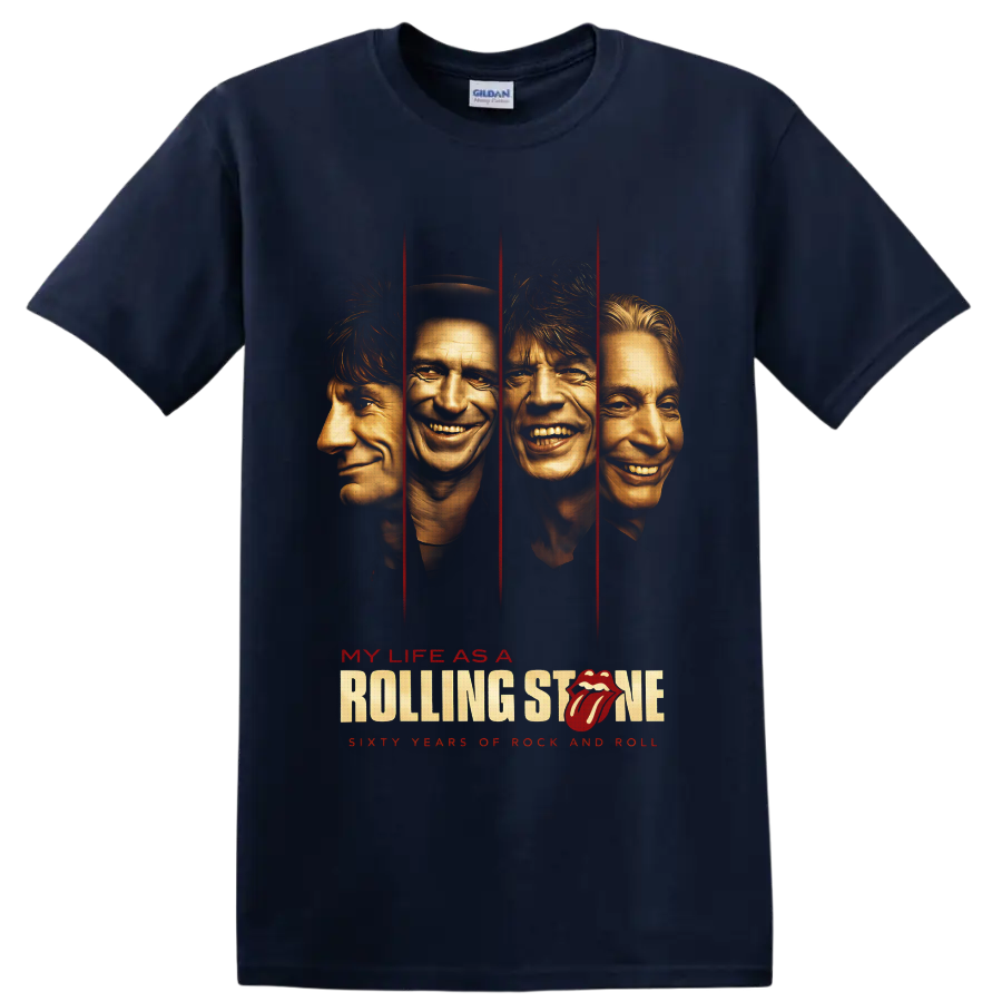 Rolling Stones My Life as a Rolling Stone four-portrait rock graphic with red panels on a Navy (Blue) T Shirt