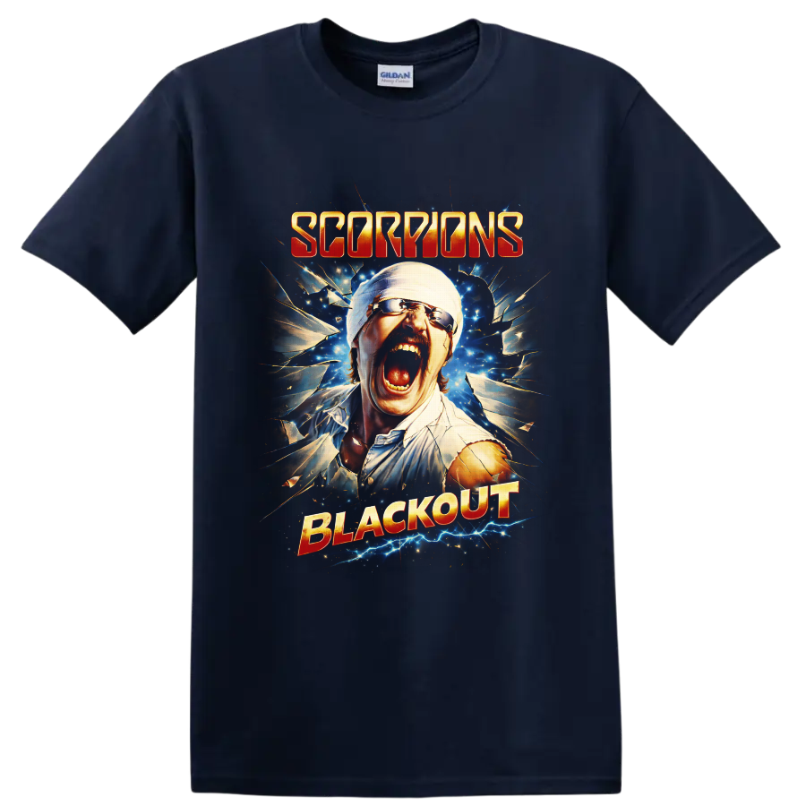 Scorpions Blackout screaming man shattered glass rock artwork with electric blue sparks on a Navy (Blue) T Shirt