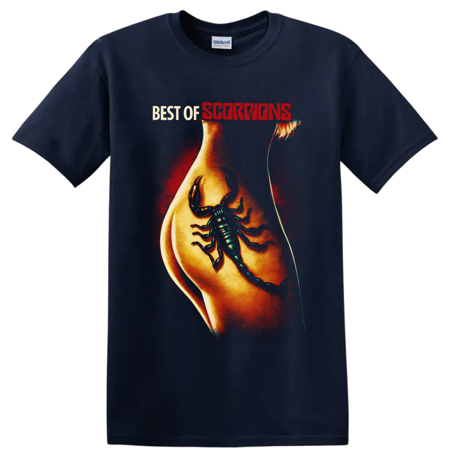 Scorpions Best of lettering above a tattoo-style torso with a large scorpion on a Navy (Blue) T Shirt
