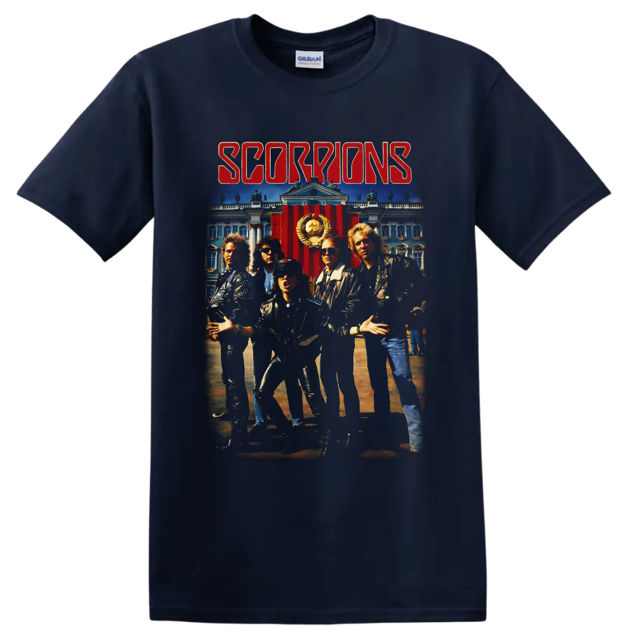 Scorpions band portrait with Soviet palace backdrop and distressed red lettering on a Navy (Blue) T Shirt
