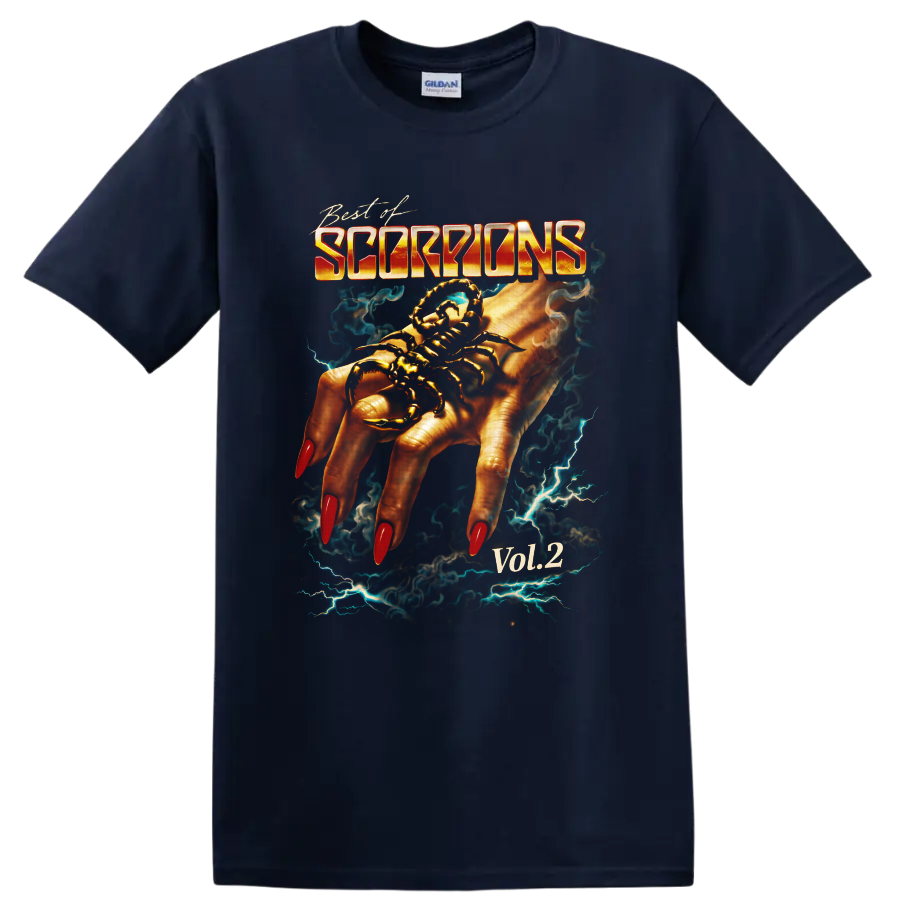 Scorpions Best of Vol. 2 scorpion hand graphic with lightning and smoke on a Navy (Blue) T Shirt