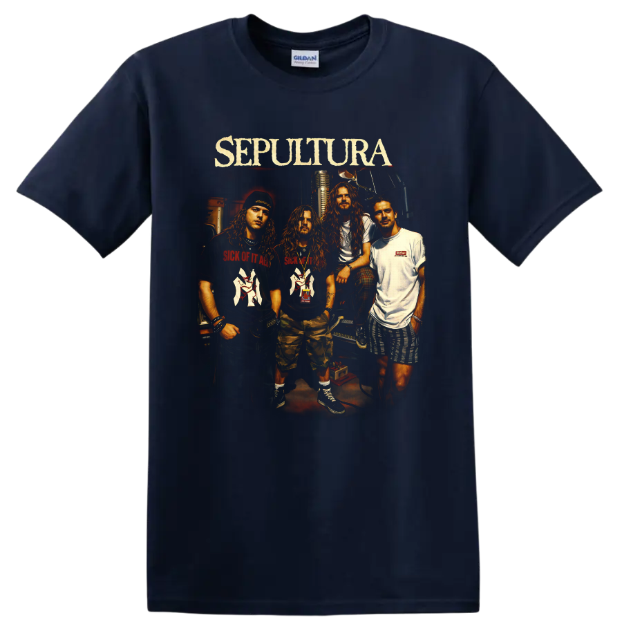 Sepultura band portrait with Max Cavalera, vintage microphone, and distressed logo on a Navy (Blue) T Shirt