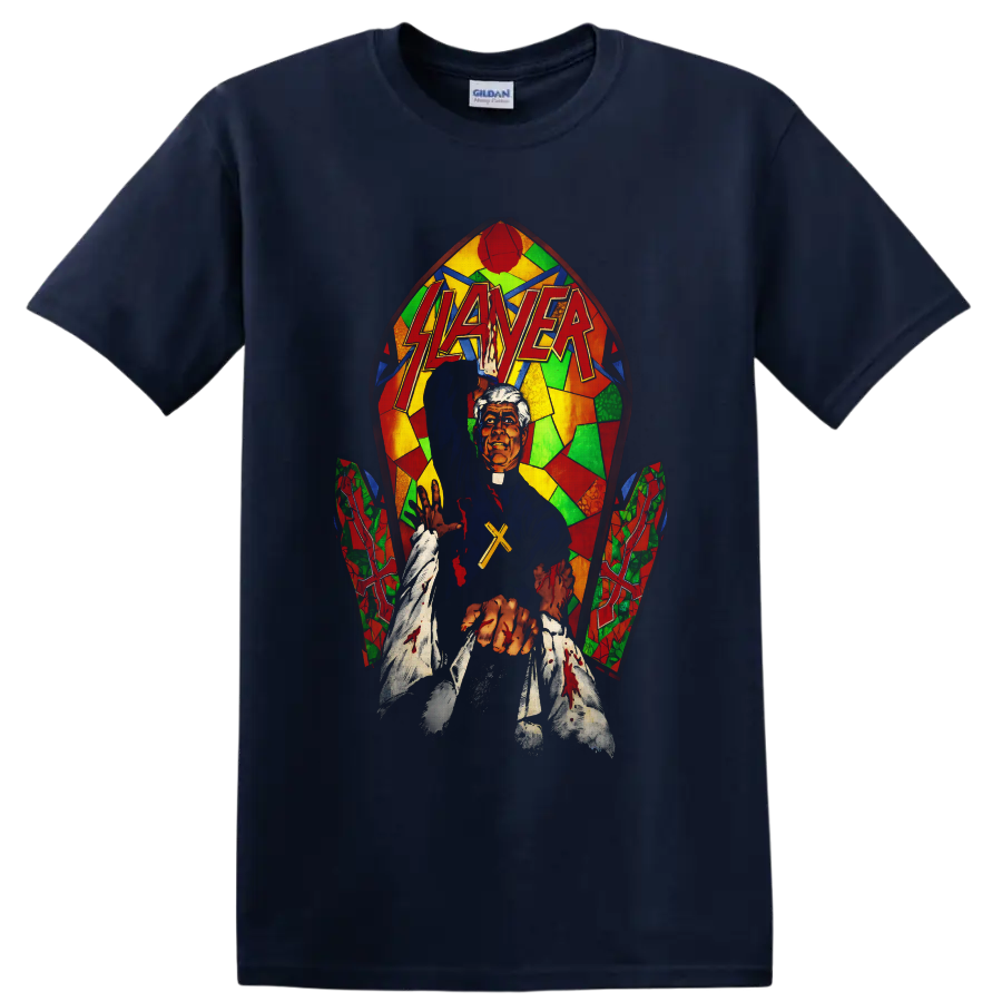 Slayer logo over gothic priest with cross, bloody hands, and colorful stained-glass art on a Navy (Blue) T Shirt