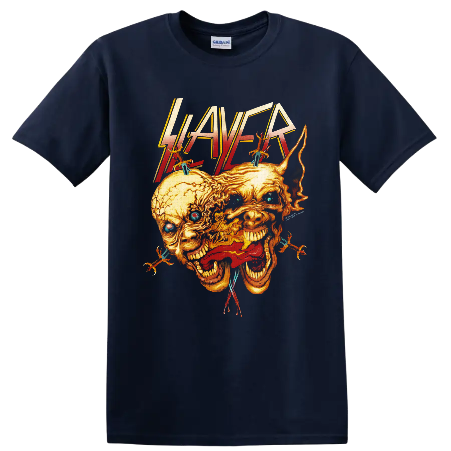 Slayer logo above fiery fused screaming skulls with spikes, wires, and blue eyes on a Navy (Blue) T Shirt