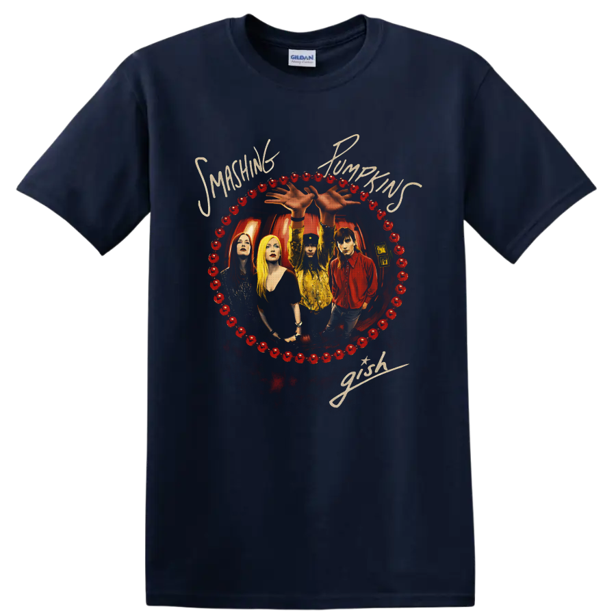 Smashing Pumpkins Gish band portrait with red pumpkin border and cream script lettering on a Navy (Blue) T Shirt