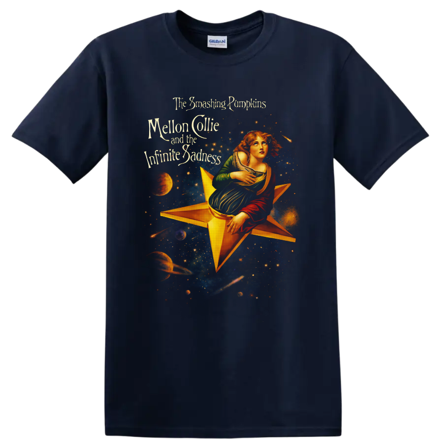 Mellon Collie celestial star maiden with galaxy, planets, and ornate band lettering on a Navy (Blue) T Shirt
