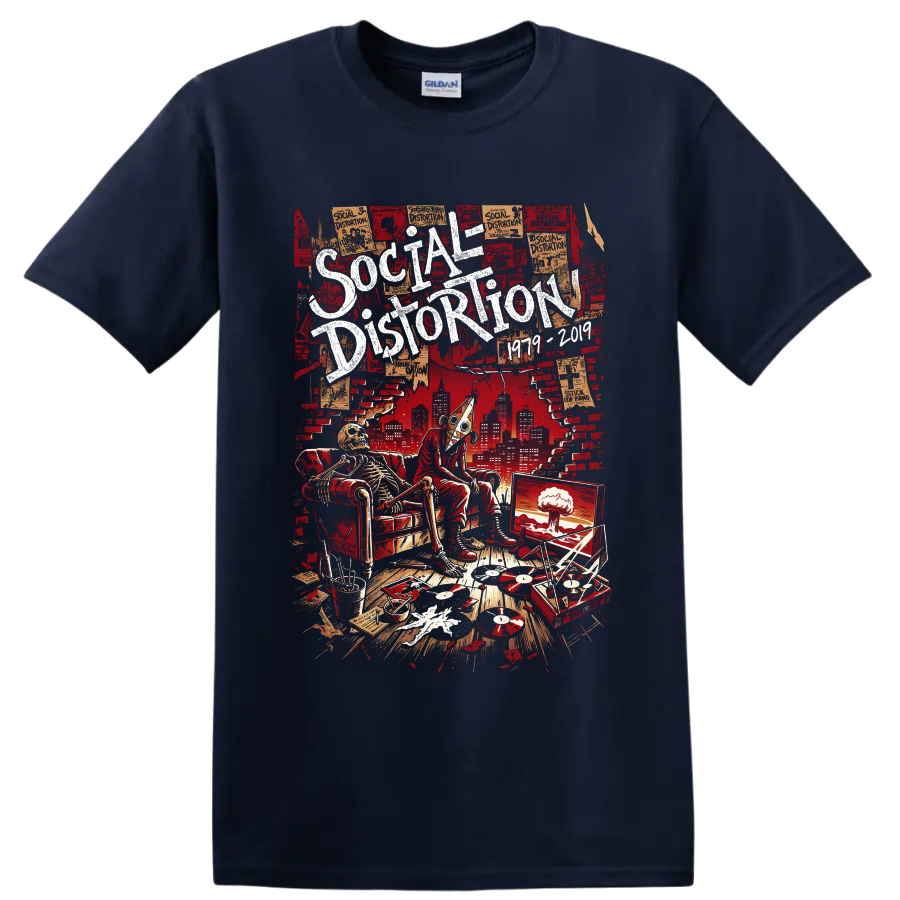 Social Distortion distressed punk poster with skeleton, vinyl records, turntable, and on a Navy (Blue) T Shirt