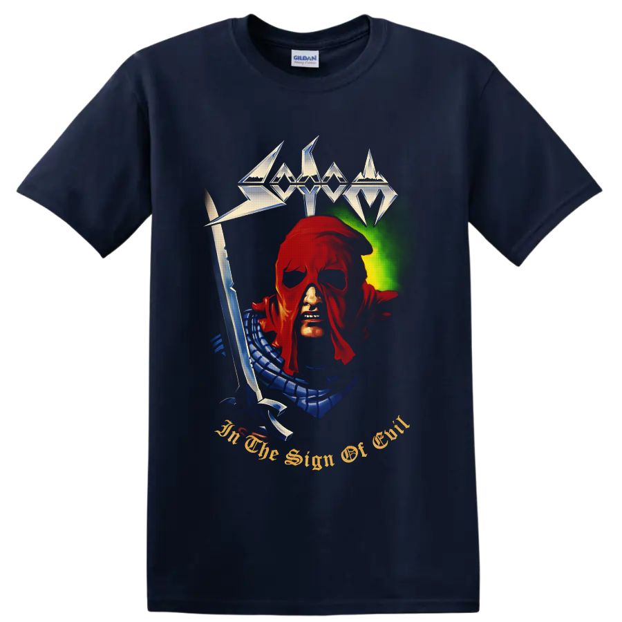 Sodom In the Sign of Evil hooded figure with sword and metallic logo artwork on a Navy (Blue) T Shirt