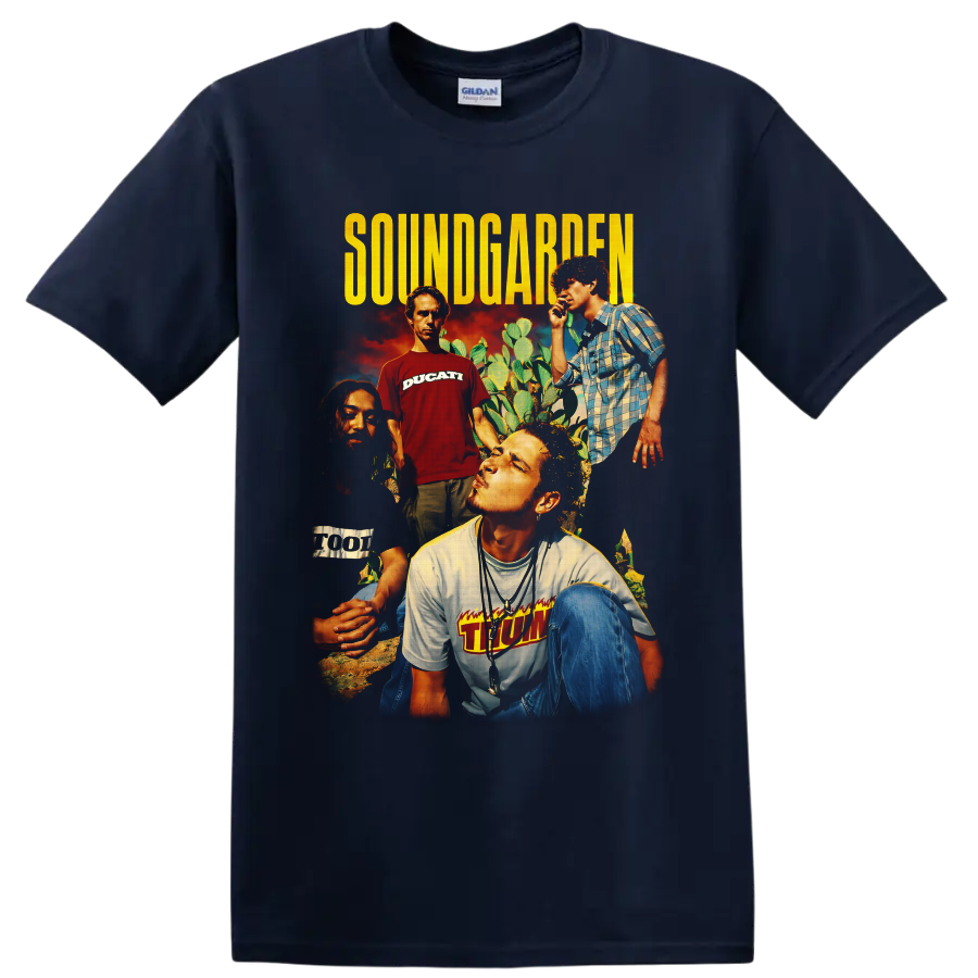 Soundgarden four-member desert portrait collage with distressed yellow lettering on a Navy (Blue) T Shirt