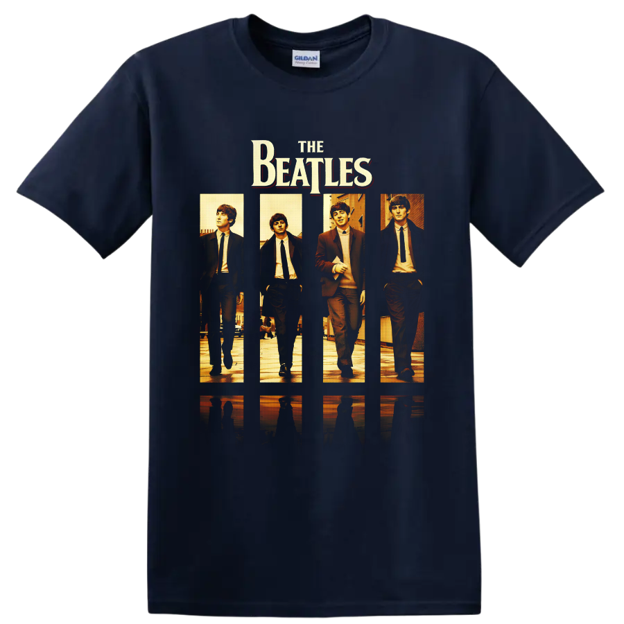 The Beatles four-panel warm-toned portraits with bold band lettering on a Navy (Blue) T Shirt