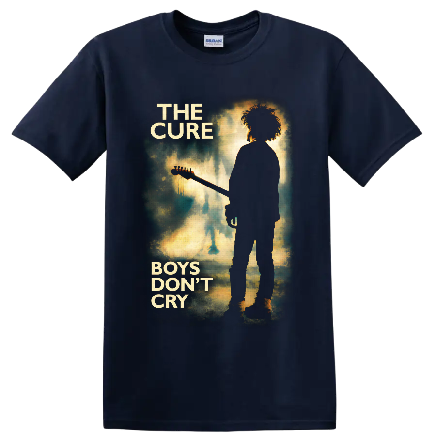 The Cure Boys Don't Cry guitarist silhouette in distressed teal and gold poster art on a Navy (Blue) T Shirt