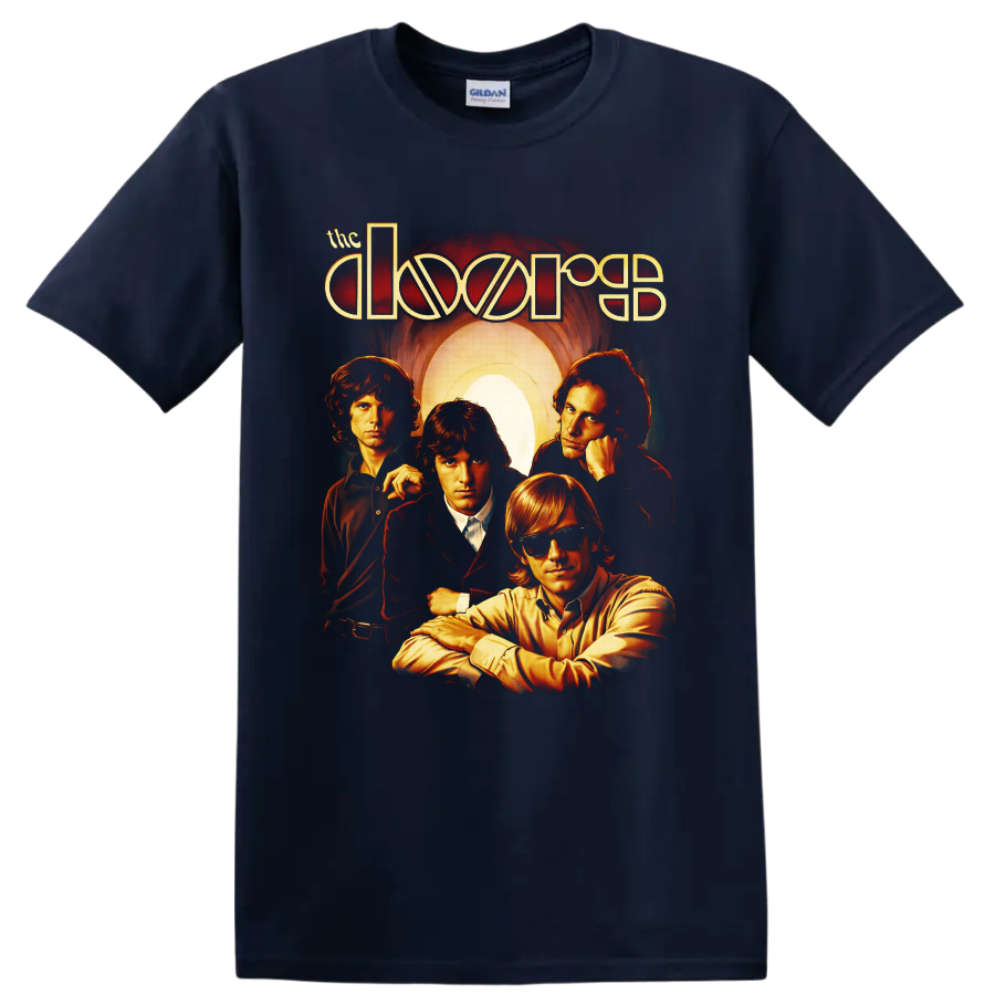 The Doors four-member retro portrait with glowing arch and stylized band lettering on a Navy (Blue) T Shirt