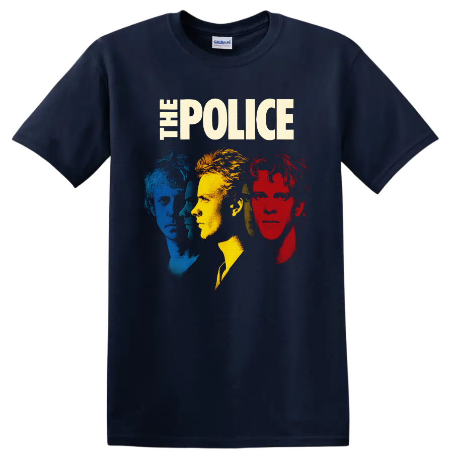 The Police portraits of Sting, Andy Summers, and Stewart Copeland in distressed pop art on a Navy (Blue) T Shirt