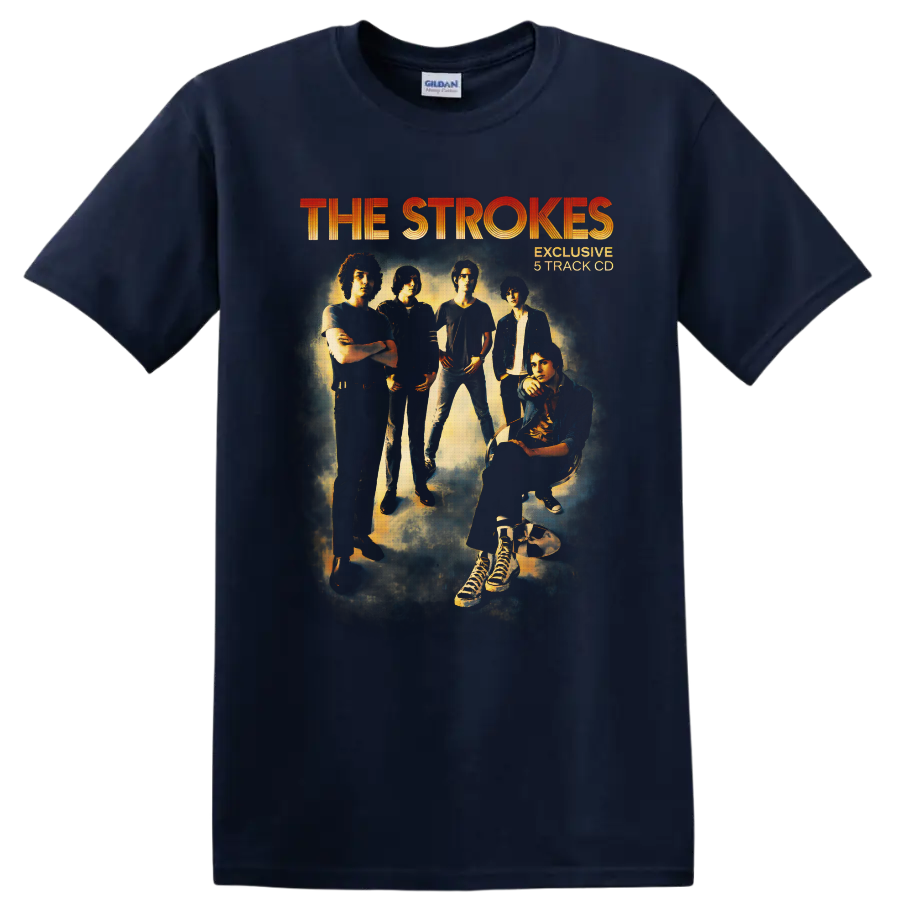 The Strokes group portrait with orange lettering in a smoky vintage rock poster style on a Navy (Blue) T Shirt