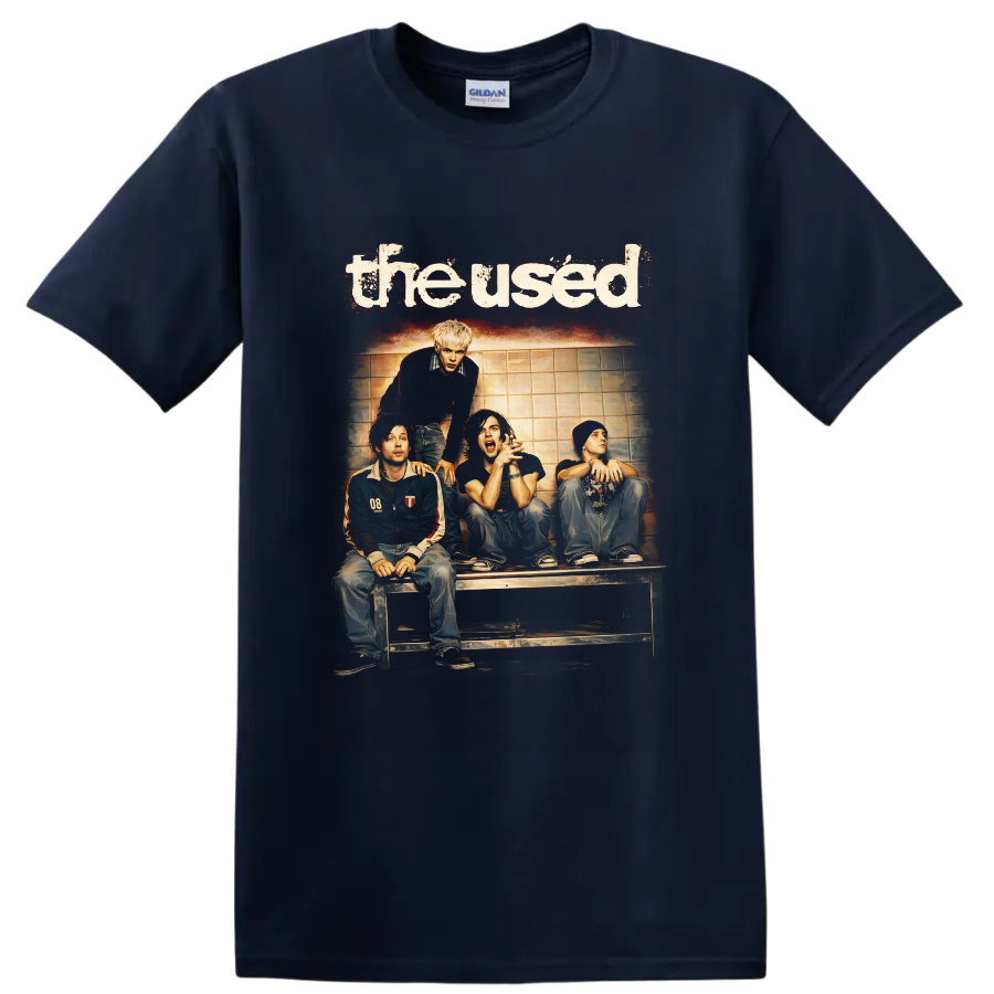 The Used four-member rock band portrait with distressed lettering and warm vintage photo on a Navy (Blue) T Shirt