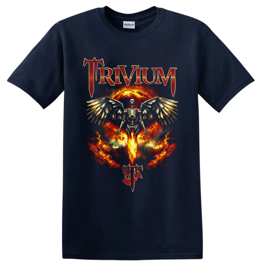 Trivium winged skeleton with fiery Ascendancy-inspired gothic artwork on a Navy (Blue) T Shirt