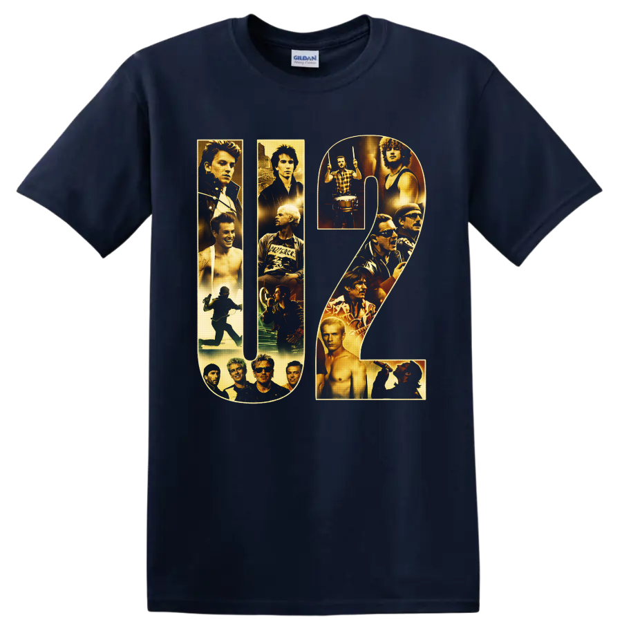U2 letterforms filled with gold-toned band portraits, drummer, singer, and stage imagery on a Navy (Blue) T Shirt
