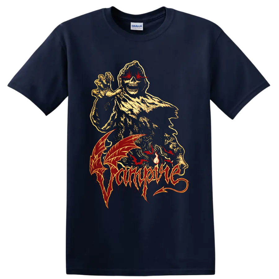 Vampire hooded skeleton with red bats and distressed gothic horror artwork on a Navy (Blue) T Shirt
