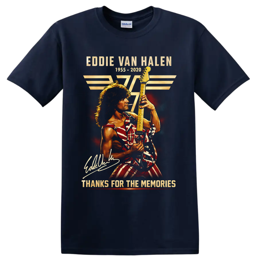 Eddie Van Halen memorial guitarist graphic with 1955–2020 and Thanks for the Memories on a Navy (Blue) T Shirt