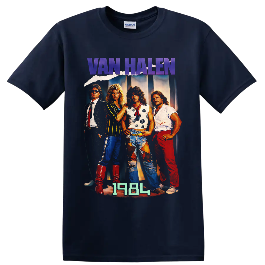 Van Halen 1984-era four-member rock band portrait with purple logo lettering on a Navy (Blue) T Shirt