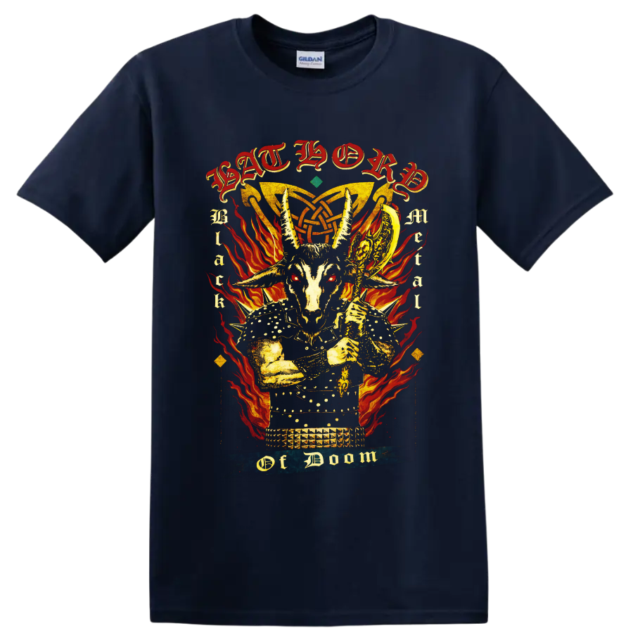 Bathory goat skull warrior with flames, occult knotwork, and gothic lettering on a Navy (Blue) T Shirt