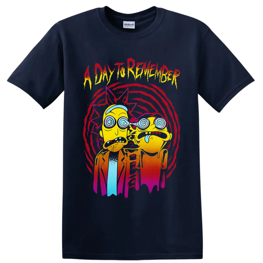 Rick and Morty trippy cartoon art with A Day To Remember distressed lettering on a Navy (Blue) T Shirt