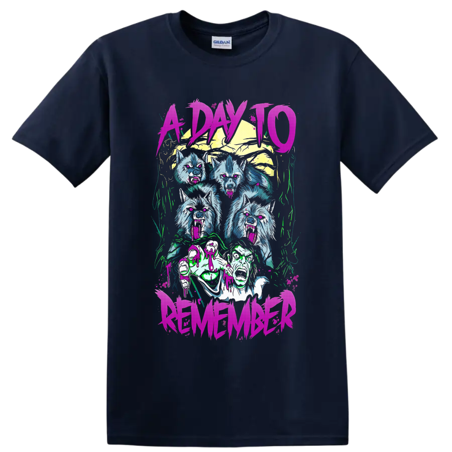 A Day To Remember neon horror graphic with snarling wolves, screaming faces, and pink on a Navy (Blue) T Shirt