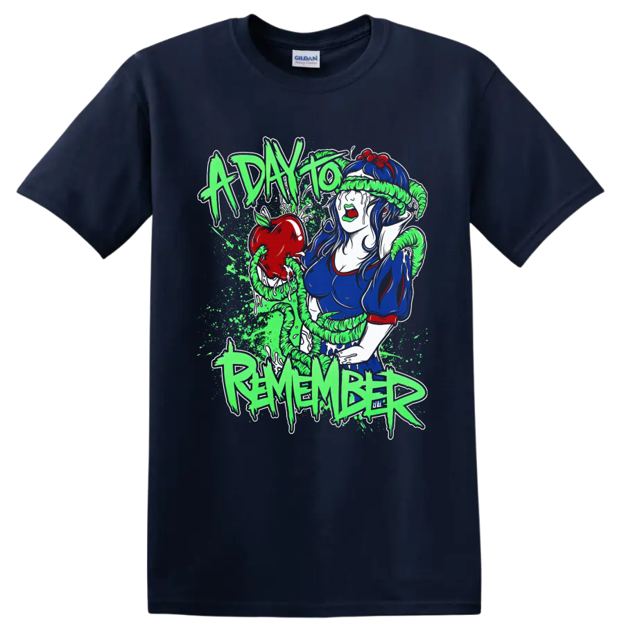 Snow White with red apple and green coils in A Day To Remember metalcore art on a Navy (Blue) T Shirt