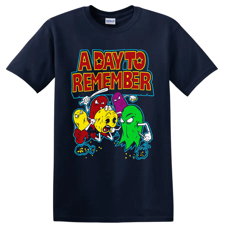 A Day To Remember lettering with colorful cartoon ghosts and distressed music art on a Navy (Blue) T Shirt