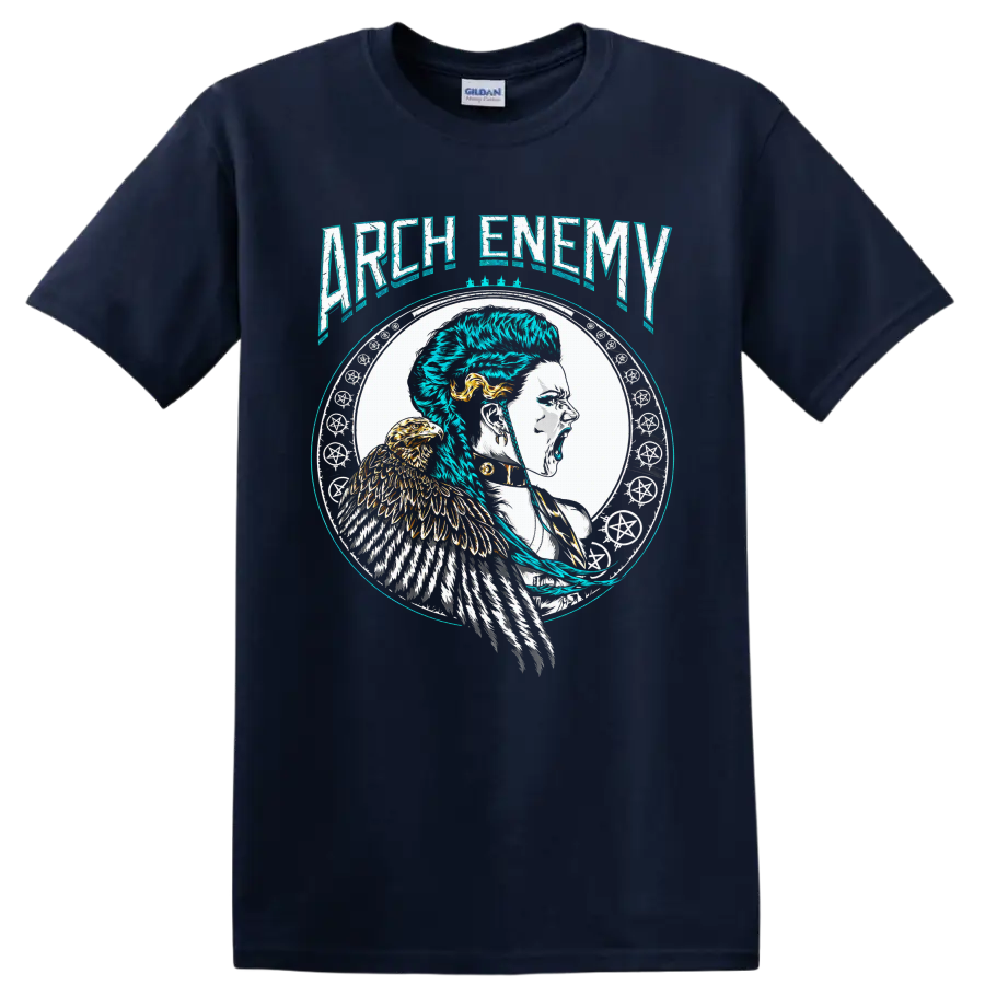 Arch Enemy Alissa White-Gluz warrior portrait with eagle and distressed gothic art on a Navy (Blue) T Shirt