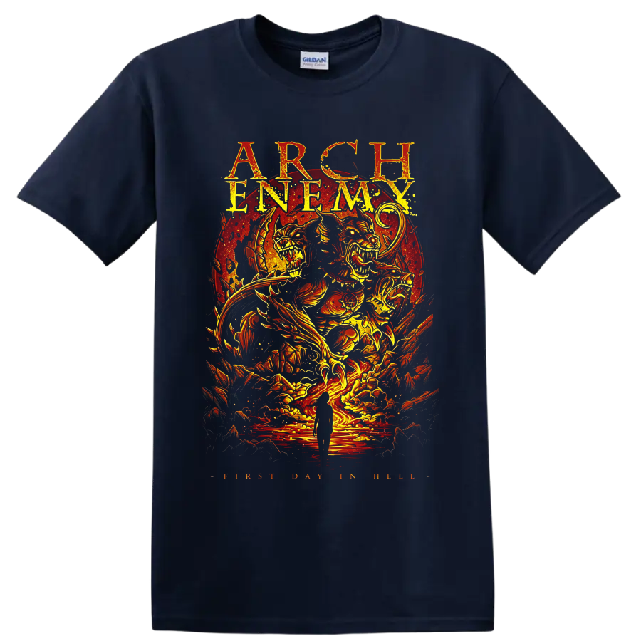 Arch Enemy First Day in Hell fiery skull creatures and distressed metal concert art on a Navy (Blue) T Shirt