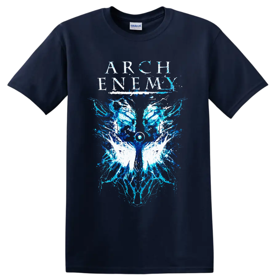 Arch Enemy distressed lettering above mirrored blue skulls, white wings, and electric on a Navy (Blue) T Shirt