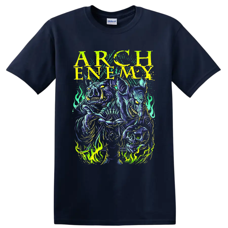 Arch Enemy neon horned skeleton, skull, flames, and distressed lettering graphic on a Navy (Blue) T Shirt