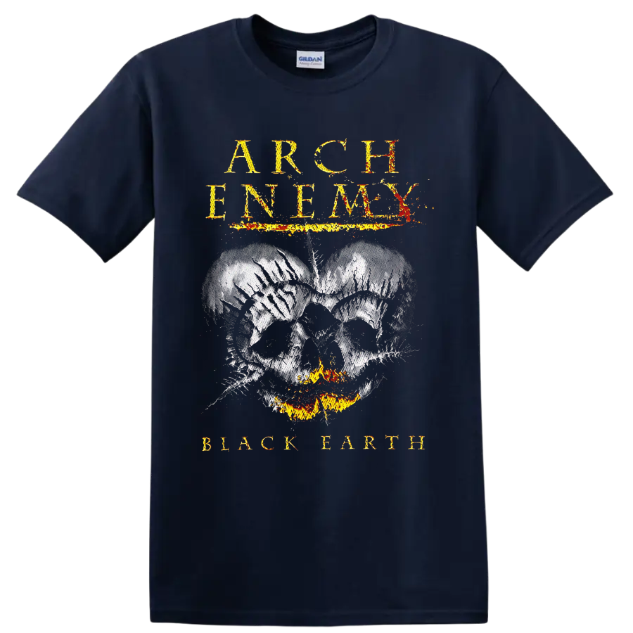 Arch Enemy Black Earth distressed skull with flames and fiery gothic lettering on a Navy (Blue) T Shirt