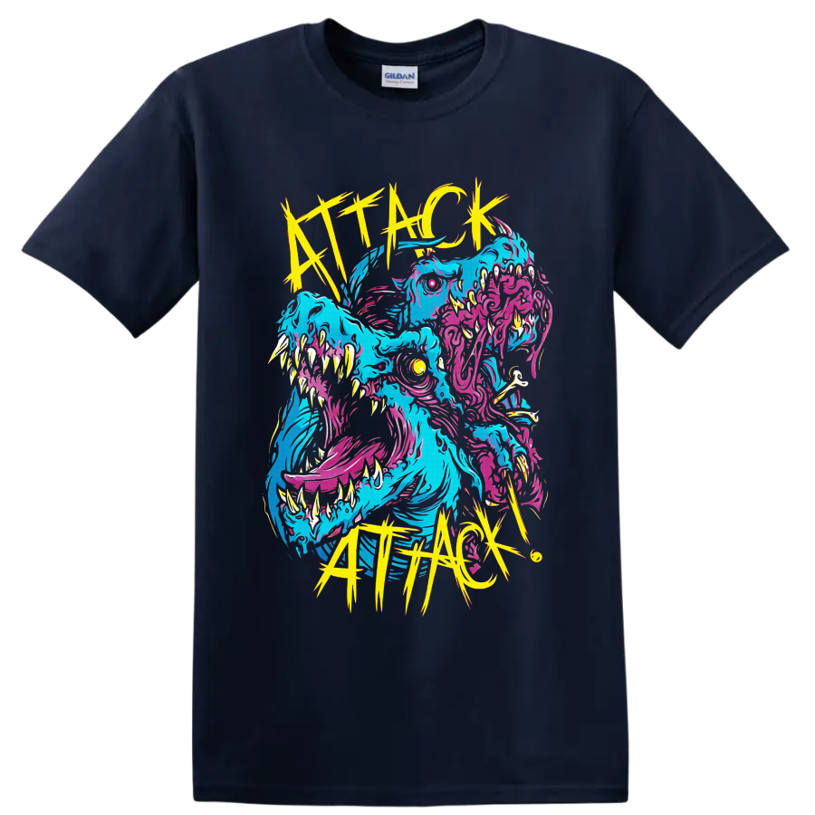 Attack Attack! neon multi-headed monster in cyan, pink, and yellow jagged horror art on a Navy (Blue) T Shirt