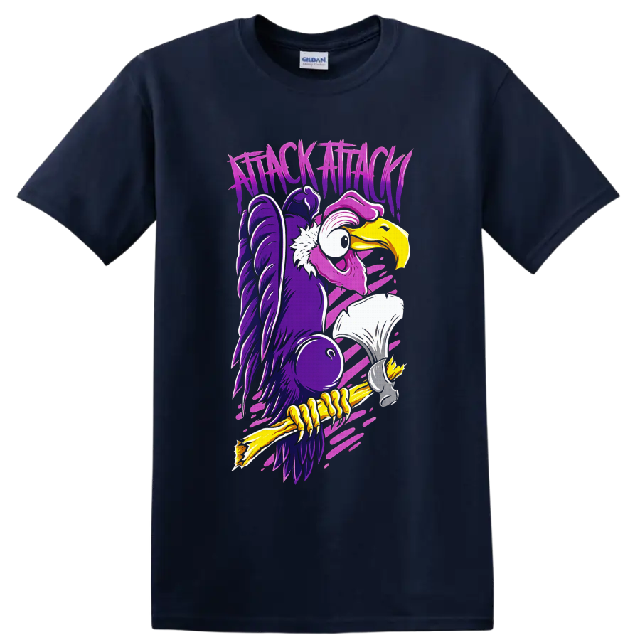 Attack Attack neon cartoon vulture with jagged lettering and pink motion streaks on a Navy (Blue) T Shirt
