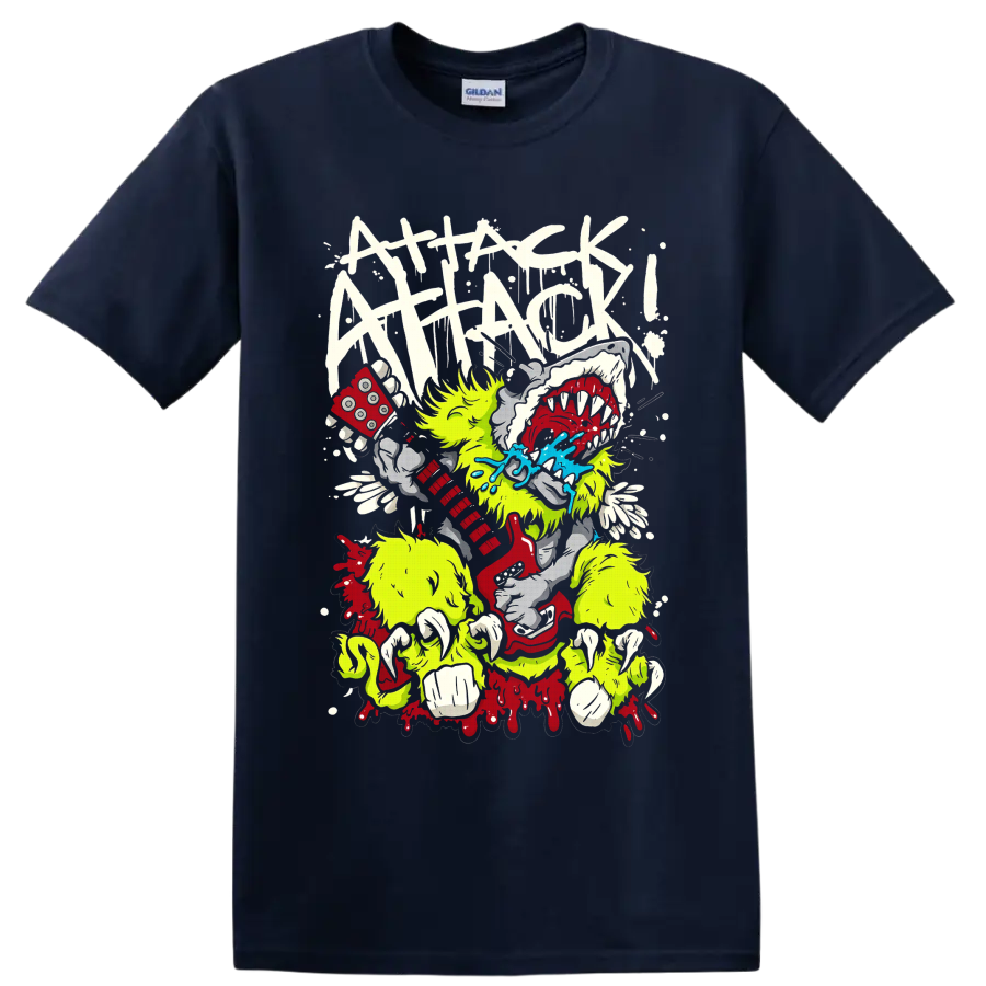 Attack Attack! neon monster holding red dice with teeth, blue splash, and paint drips on a Navy (Blue) T Shirt