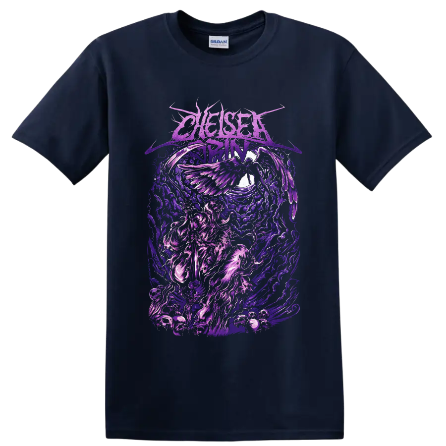 Chelsea Grin gothic winged angel with ornate purple clouds and flame-like artwork on a Navy (Blue) T Shirt