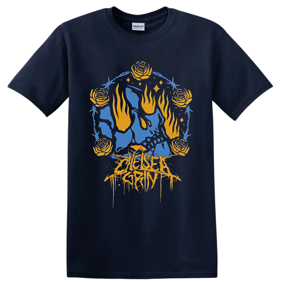 Chelsea Grin gothic graphic with orange roses, flames, blue figures, and thorny frame on a Navy (Blue) T Shirt